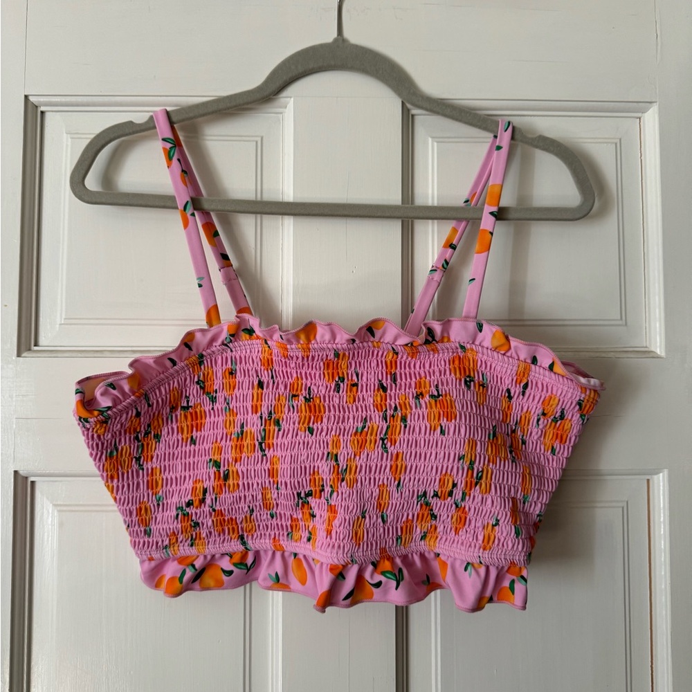 NWOT pink high waisted bikini with mini oranges print and ruffle detail